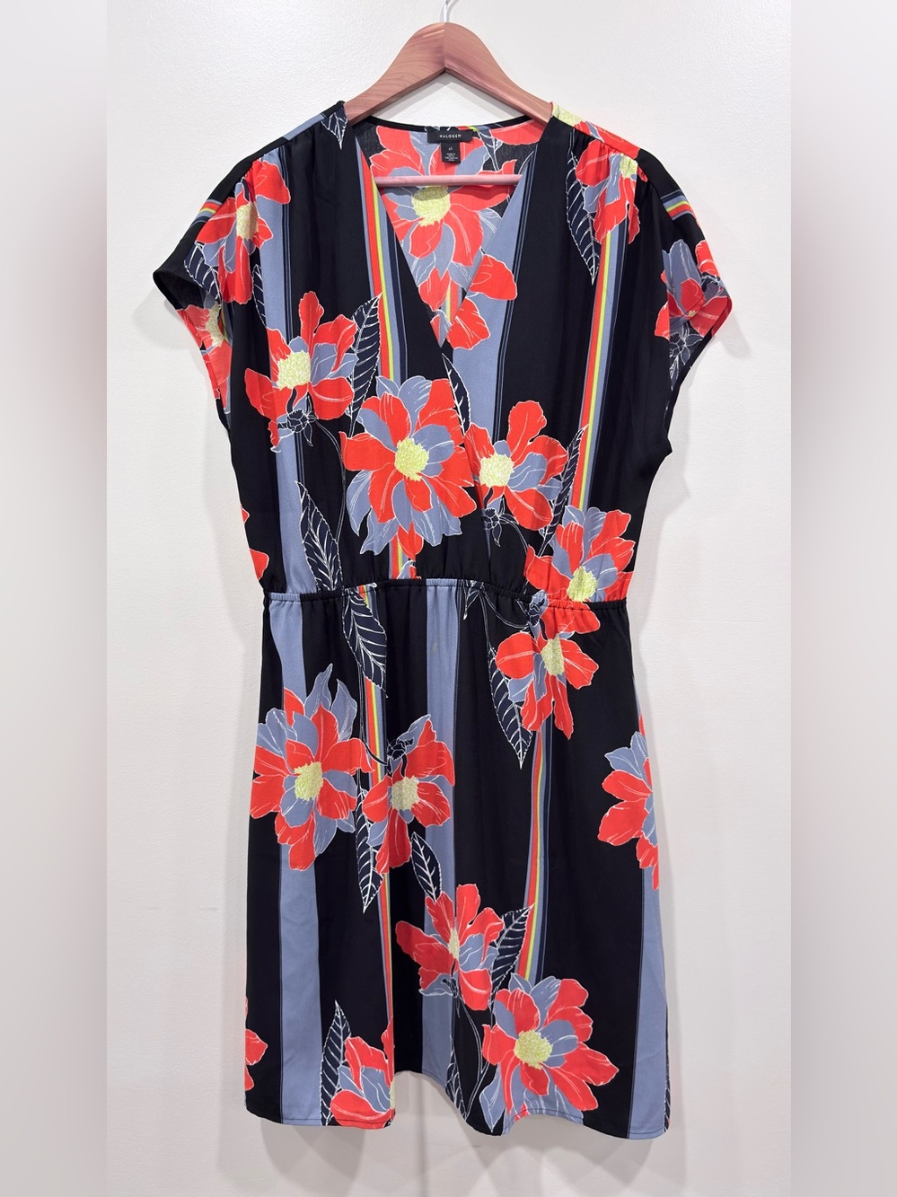 Halogen Floral V-Neck Black Dress with Orange-Red Blooms - Picture 2 of 6